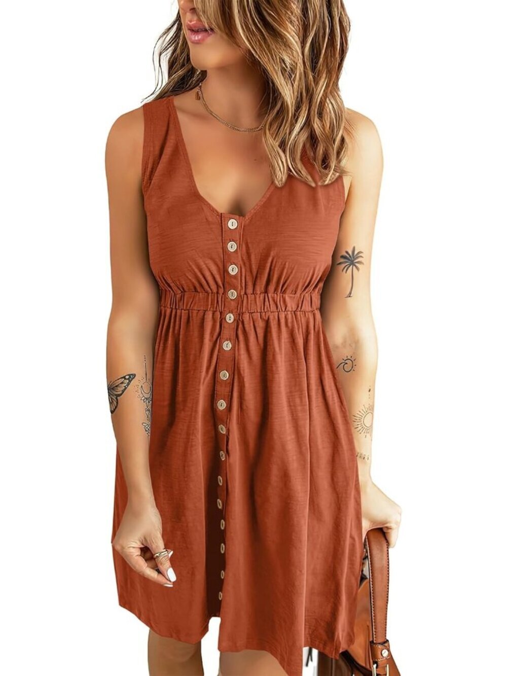 Women's Wine Red Spring Clothes Sleeveless Crew neck Mini Flowy Sun Dresses